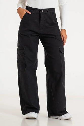 Pantalon Cargo Mujer Tiro Alto Jean Negro Solmaint Her