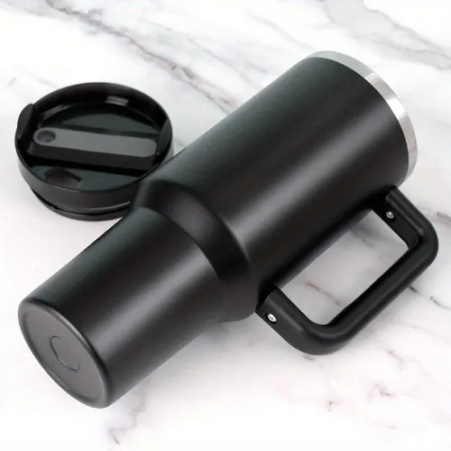 Copo Térmico Com Canudo/tampa 1200ml Grande C/alça Preto Lisa