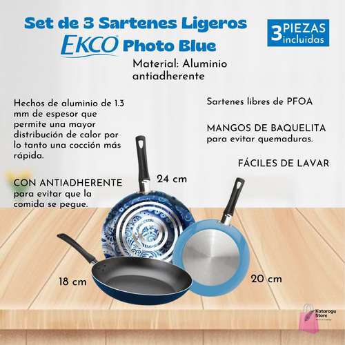 Set De 3 Sartenes Con Antiadherente Ekco Photo Blue