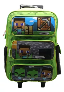 Mochila Escolar Minecraft Personajes Con Carro Mi309- Cresko Color Verde Diseño de la tela Liso