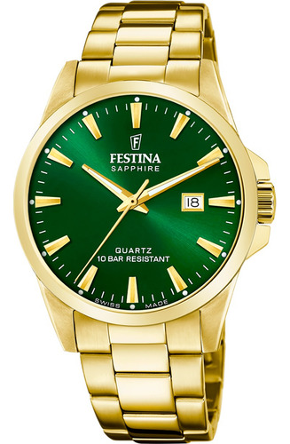 Reloj Hombre Festina Verde Analogico Correa Dorado Bisel Dorado