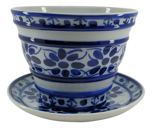 Vaso Decorativo Com Prato Porcelana Azul E Branca Pequeno Cor Azul E Branco Colonial