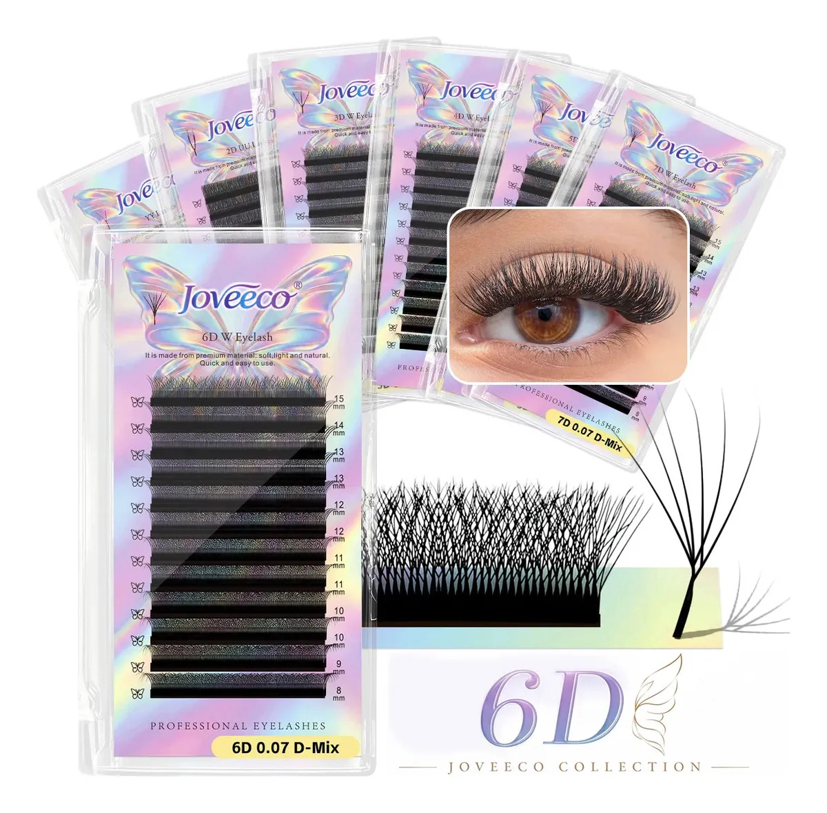 Blister Joveeco 6d W Shape Mix 8-15mm, Extensiones Pestañas Negro D 0.07 Mm