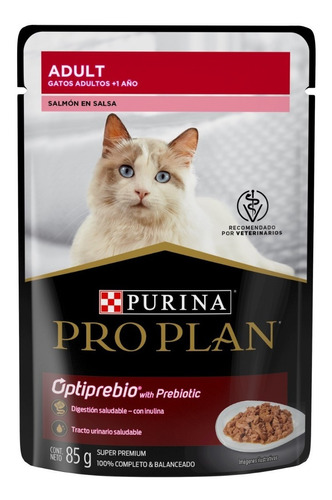 Alimento Pro Plan Optiprebio. Adult para gato adulto de raza mediana sabor salmón en sobre de 85 g