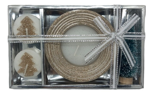 Set Velas Con Diseños Navideños Blanco Con Dorado