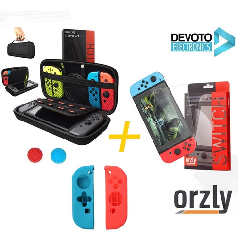 Kit 3-1 Estuche Funda Nintendo Switch + Vidrio Templado 9h 0.24mm Premiun Orzly Original + Siliconas Joy-con Protector 