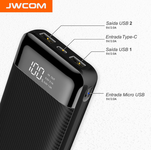 Carregador Portatil Power Bank 20000mah Visor Digital JWCOM