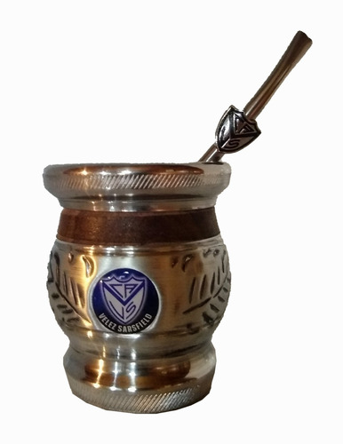 Mate Madera Algarrobo Y Aluminio Velez Con Bombilla Escudo