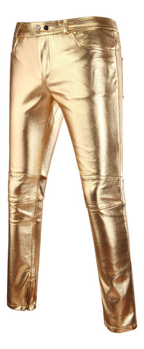 Pantalones Casuales De Pu Bronceados Brillantes Para Hombre