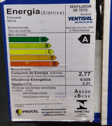 Ventilador de teto Ventisol Wind branco com 3 pás de plástico, 960 mm de diâmetro 127 V