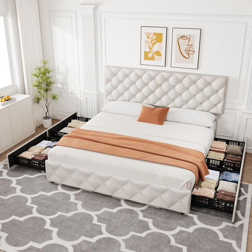 Base De Cama Idealhouse King Size Tapizada En Lino White