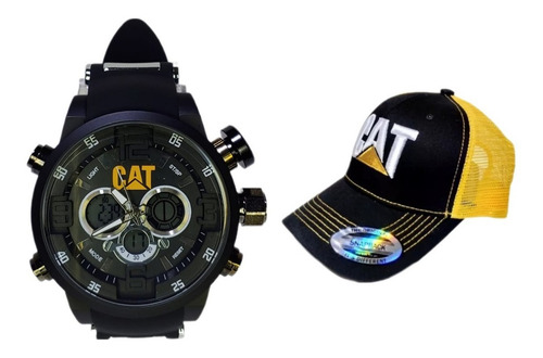 Combo Reloj De Pulsera Análogo/digital Uso Rudo Cat + Gorra Color De La Correa Negro Color Del Bisel Negro Color Del Fondo Negro