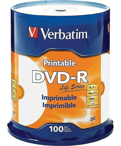 Verbatim Dvd-r 4.7gb 16x Imprimible Cake 100 Unidades 98491 