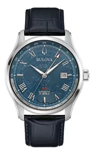 Reloj Bulova Wilton Gmt Para Caballero, Original E-watch Color De La Correa Negro Color Del Bisel Plata Color Del Fondo Azul