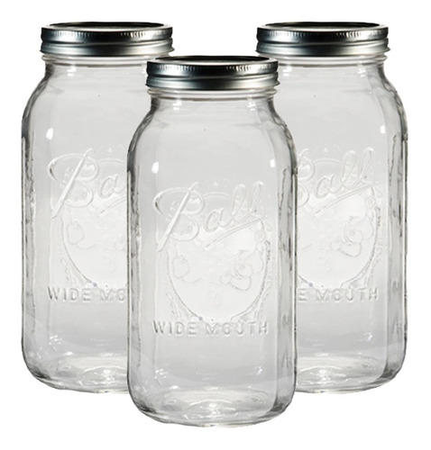 3pz Frascos De Vidrio Mason Jars Ball 64oz Boca Ancha