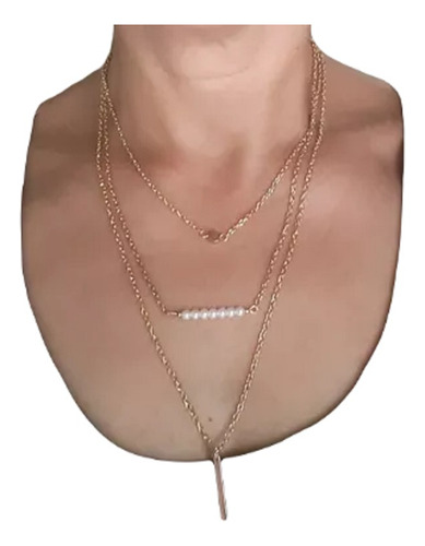 Collar Palito Dorado Tricapa Cilindro Perlas Imitacion