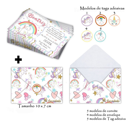 30 Convites Unicórnio Personalizados 10x7cm + Envelope +tag 