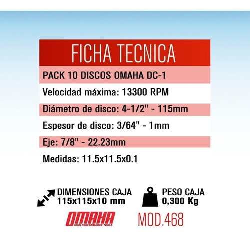Imagen 2 de 7 de Discos De Corte Omaha 115 X 1 Mm X 10 Unidades Metales
