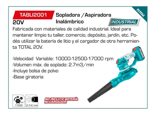 Imagen 2 de 7 de Sopladora Aspiradora Inalámbrica 20v Total