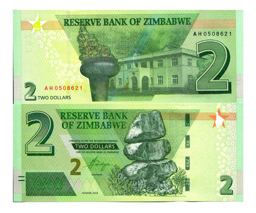 Billete De Zimbabue 2 Dolares, 2019 Nuevo Sin Circular 