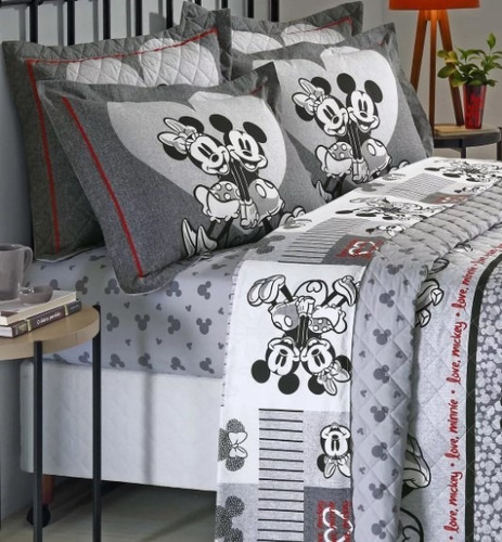 Jogo De Cama 100% Algodão Mickey Minnie Casal Queen 04 Peças Cor Cinza Desenho Do Tecido Mickey E Minnie