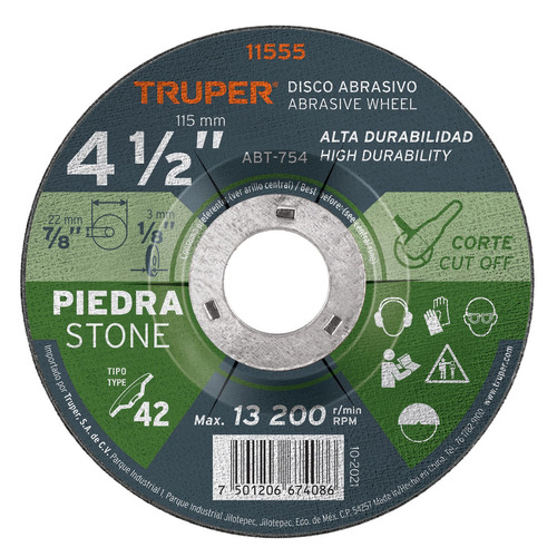 Disco Corte De Piedra Tipo 42 4 1/2 Truper 11555 Color Gris