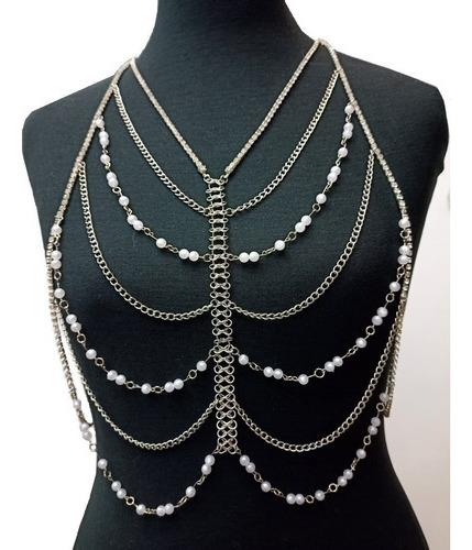 Pechera Bodychain Con Strass Perlas Y Cadena Medieval 