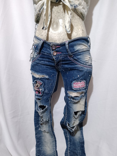 Jeans Muy Sexi Con Bordados De Minnie Mouse Rotos Detalles 