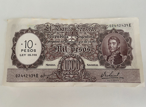 Billete Diez Pesos Ley 18.188 ($10) Resellado S/$1000 (Usado)