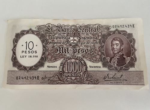 Billete Diez Pesos Ley 18.188 ($10) Resellado S/$1000 