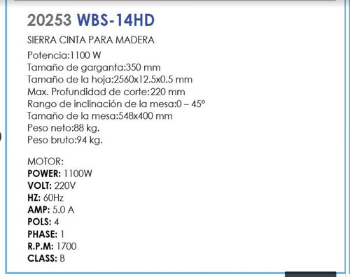 Sierra Cinta Para Madera Safari 1100w Wbs-14hd