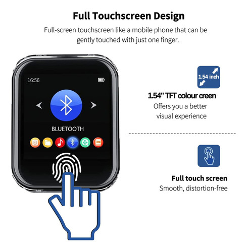 Reloj inteligente Ruizu M8 de 32 GB, Mp3 Touch, Bluetooth FM, funda de color negro con correa de color negro