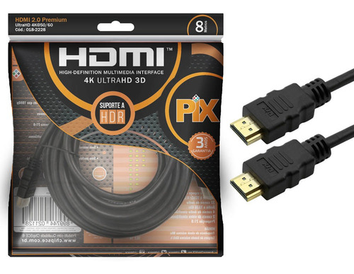 Cabo Hdmi 8 Metros 2.0mhz - 4k - 19 Pinos - Pix