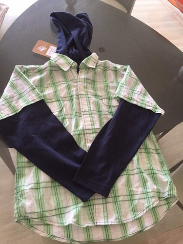 Camisa Cuadros & Franela Azul Niño Talla 8. Capucha. (k20)