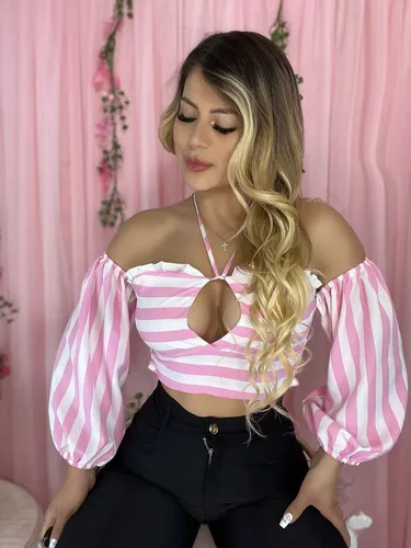 Blusa Tipo Crop Top Estampado De Rayas Manga Larga