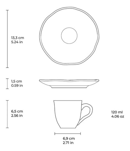 Conjunto com 6 Xícaras de Café com Pires Orgânico Ammi 120ml