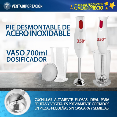Imagen 6 de 6 de Minipimer Mixer Batidora De Mano + Vaso Dosificador + Tapa