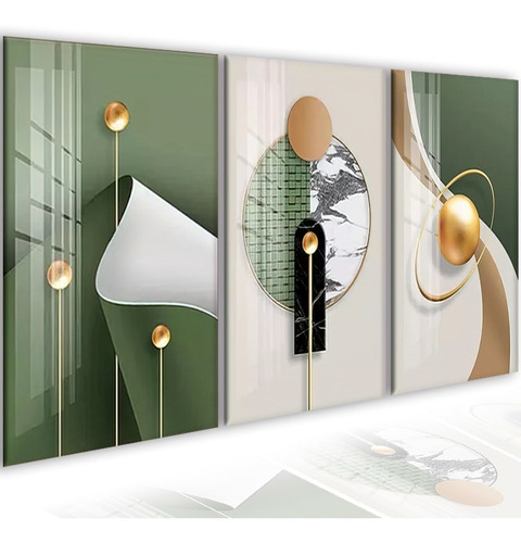 Cuadros Decorativos Abstractos Verde Y Dorado ltop-decor Geométricos Para Sala 3 Unidades