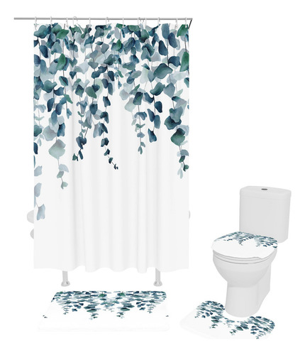 4pcs Set De Cortina De Ducha De Acuarela Con Hojas Botánicas
