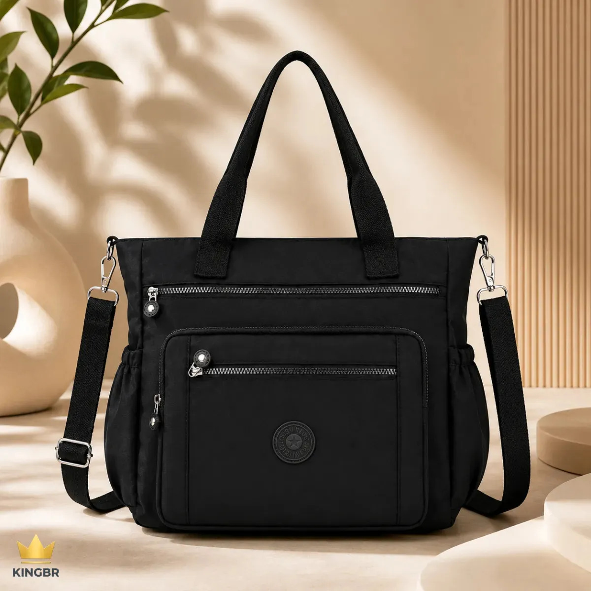 Bolsa Feminina KINGBR Transversal Ombro Casual Nylon Impermeável Grande Moderna Espaçosa Para Trabalho Faculdade Viagem Dia a Dia Com Bolsos e Zíper Reforçado Preta