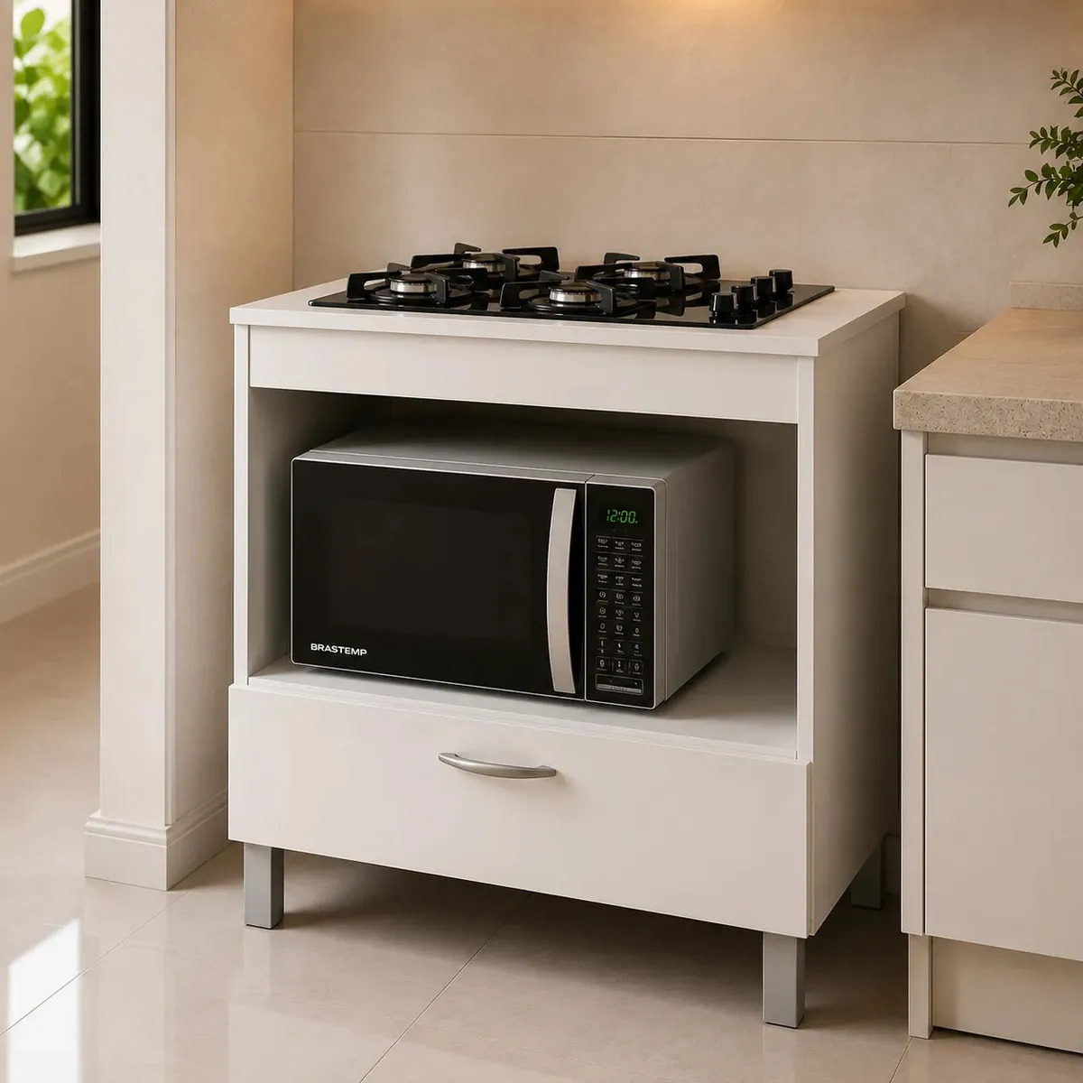 Balcão De Cozinha Para Cooktop 4 ou 5 Bocas Com 1 Nicho 1 Gaveta Trio Casa Cor Branco