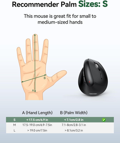Mouse Sem Fio Vertical Tecknet, Mouse Ergonômico Para Pequen