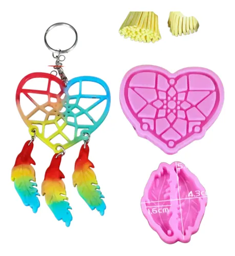 Molde Silicona Atrapasueño Corazón+pluma Llavero Aro Resina