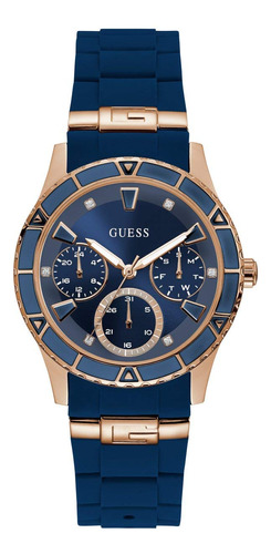 Reloj Guess En Tono Oro Rosa + Icónica Silicona Azul U1157l3