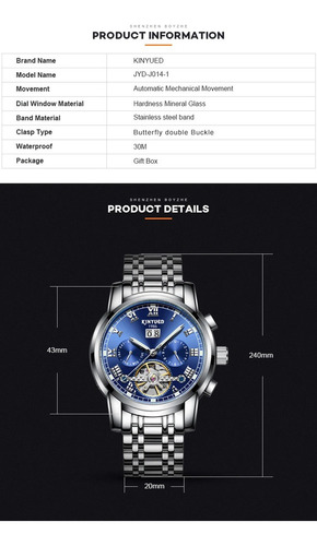 Kinyued Reloj De Oro Automático 30m Lujo Nocturno