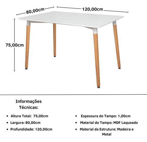 Kit Mesa Jantar Eiffel 120x80cm Branca + 4 Cadeiras Eiffel Cor Cinza