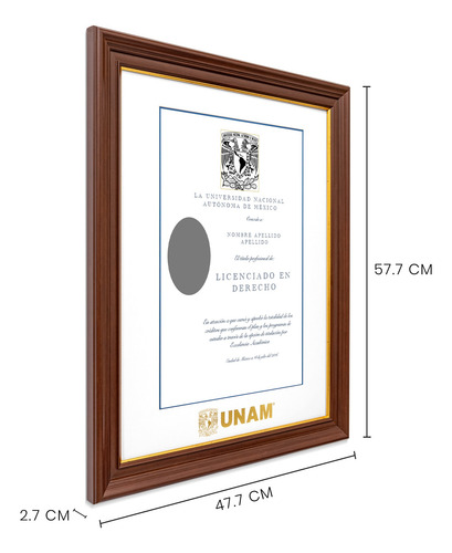 Marco Para Titulo Unam 40x50 Azul/ Filo Oro Nogal/ Filo Oro