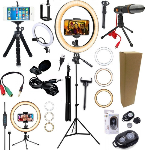 Imagem 2 de 7 de Kit Youtuber Microfone Mesa Tripé Iluminador Ring Light Anel