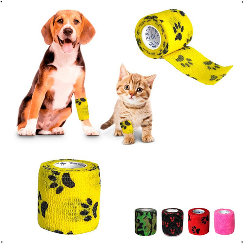 Vendaje veterinario autoadhesivo para mascotas de 4,5 m x 5 cm, color amarillo con patas