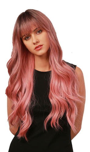 Peluca Rosas Con Fleco Cabello Larga Rizada Ondulada Cosplay